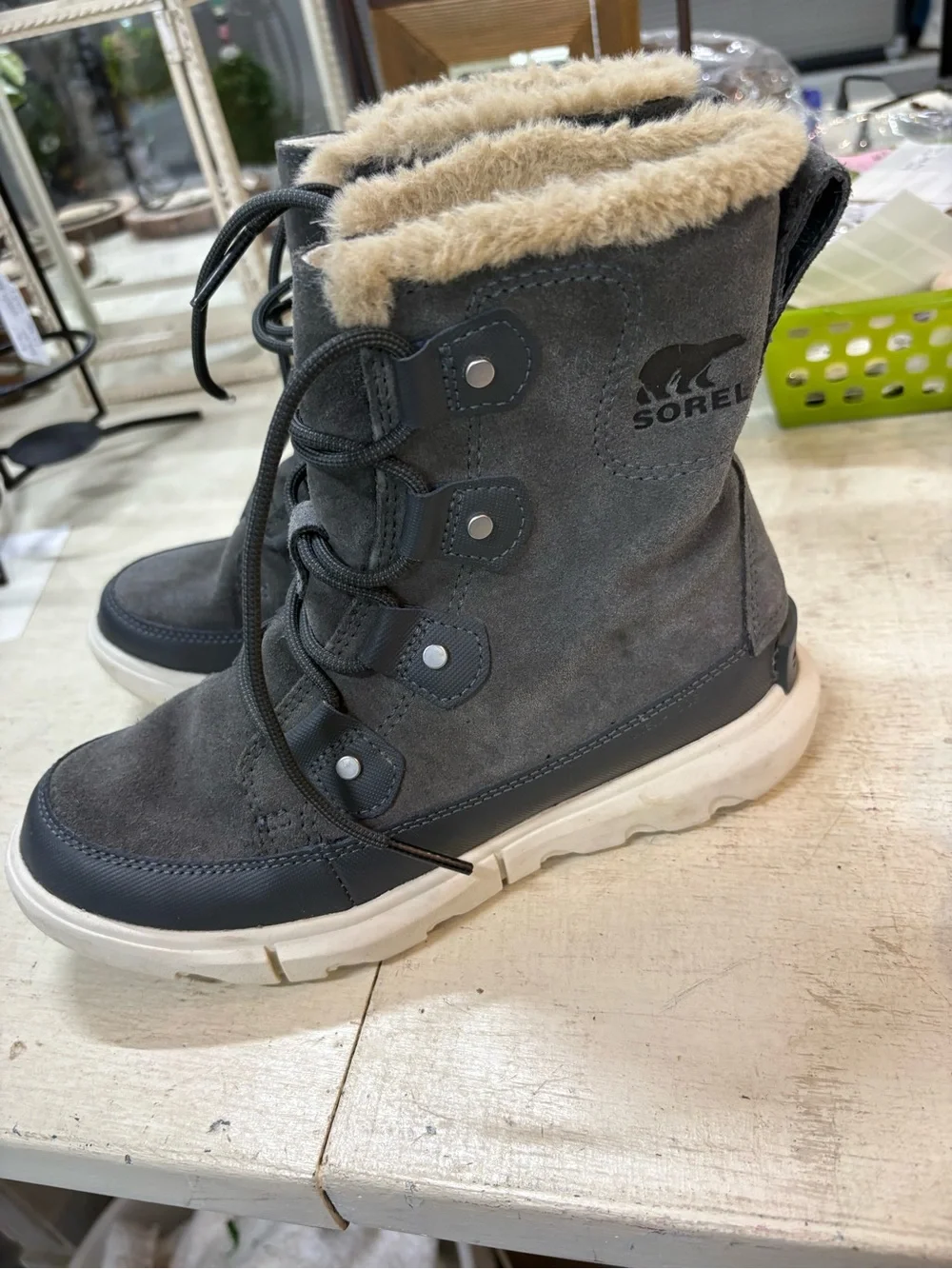 SOREL Women’s Gray Faux Fur Lined Lace-Up Winter Boots